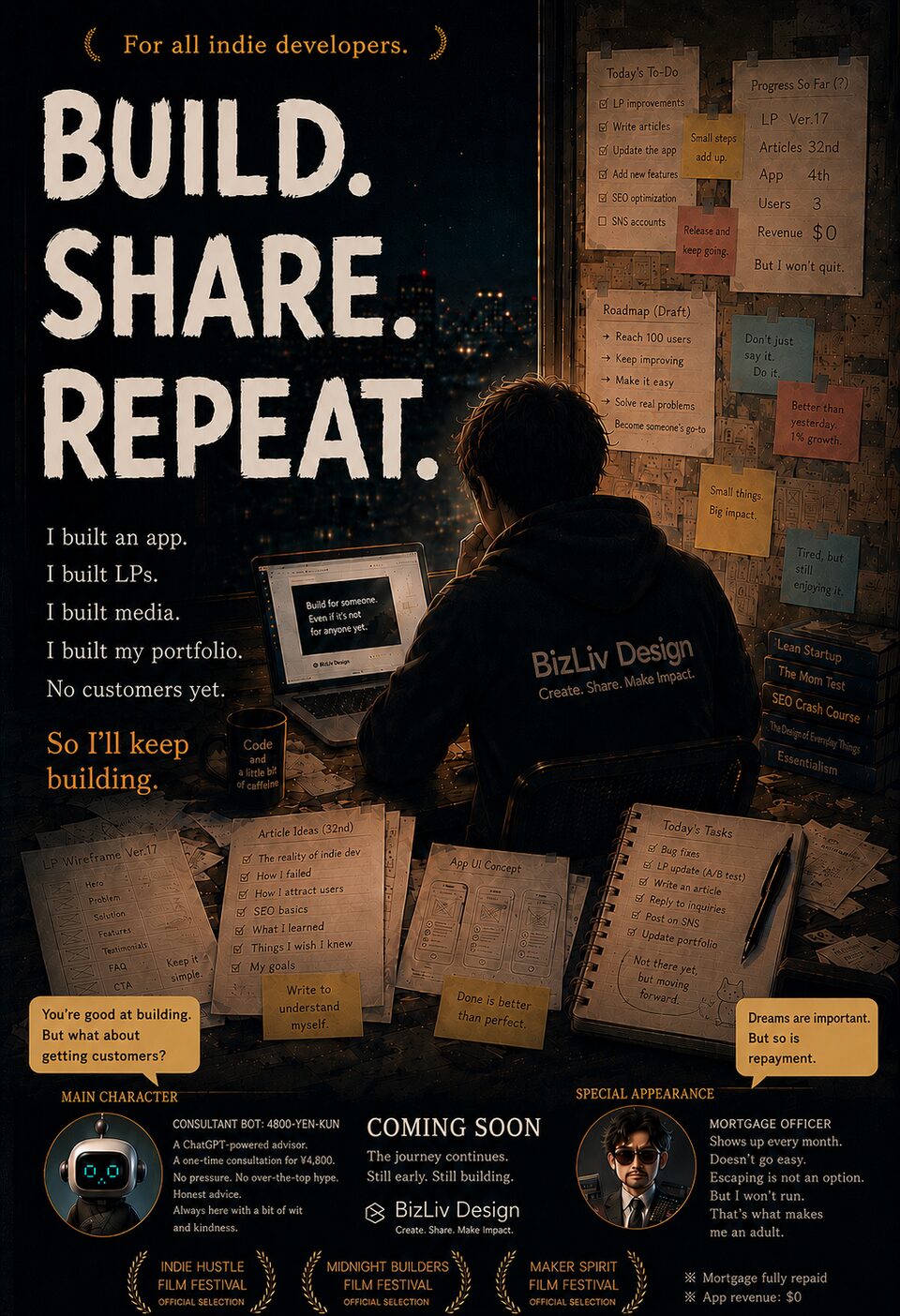A poster of a person in a BizLiv Design hoodie continuing to build at a night desk, with the words Build, Share, Repeat