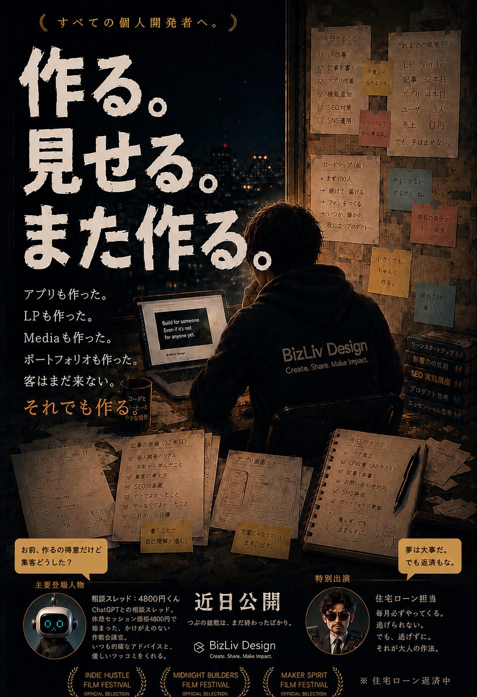 夜の作業机でBizLiv Designのパーカーを着た人物が制作を続けているポスター。作る。見せる。また作る。と書かれている