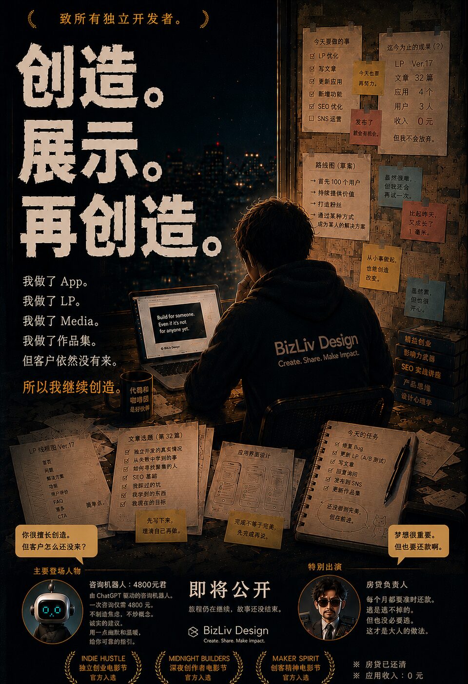 夜晚的工作桌前，穿着 BizLiv Design 连帽衫的人继续制作的海报，画面传达构建、分享、重复的姿态