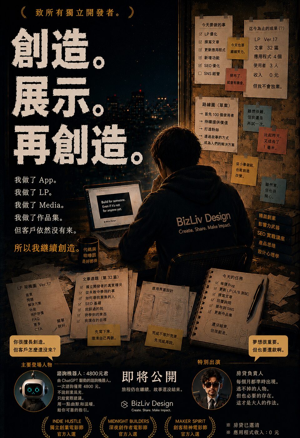 夜晚的工作桌前，穿著 BizLiv Design 連帽衫的人繼續製作的海報，畫面傳達構建、分享、重複的姿態