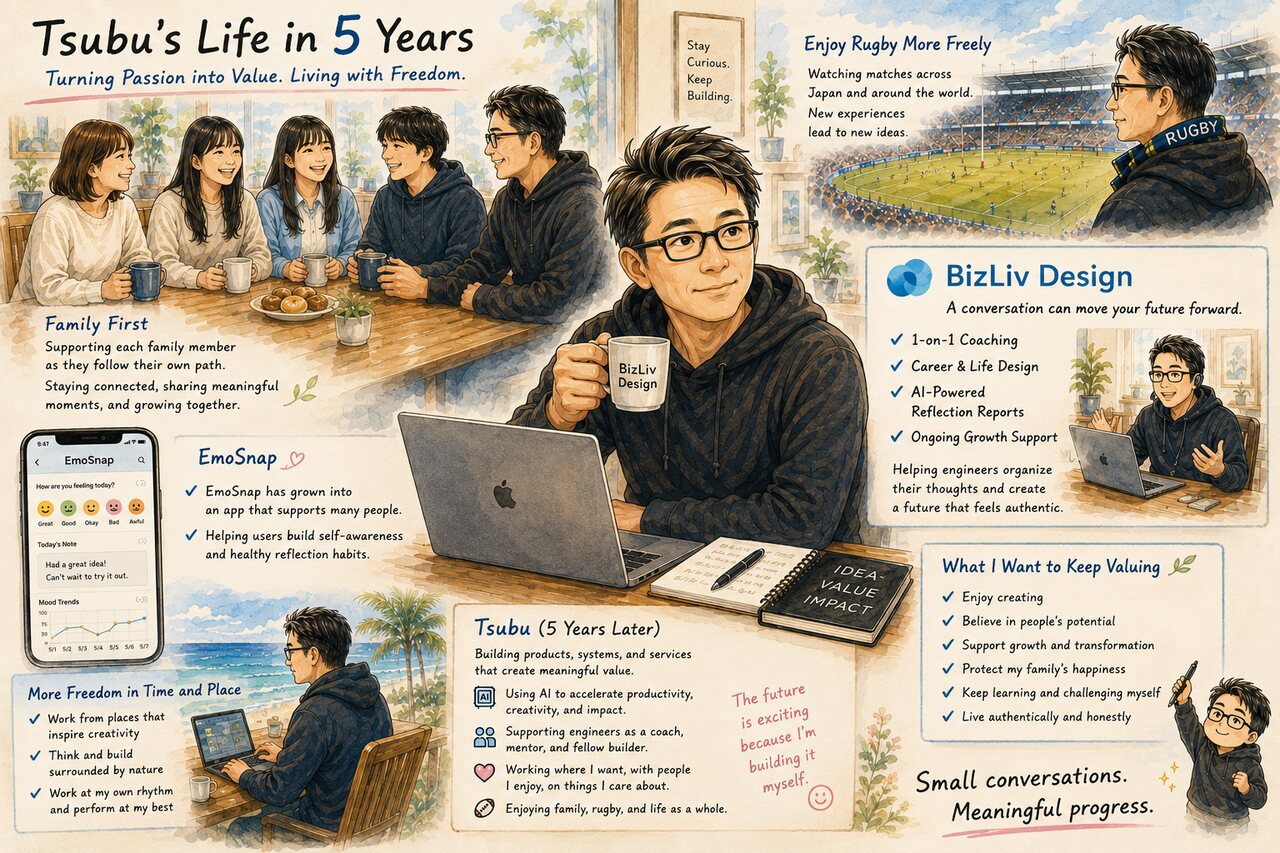 An illustrated vision board showing Tsubu with family, rugby, product building, BizLiv Design, and EmoSnap