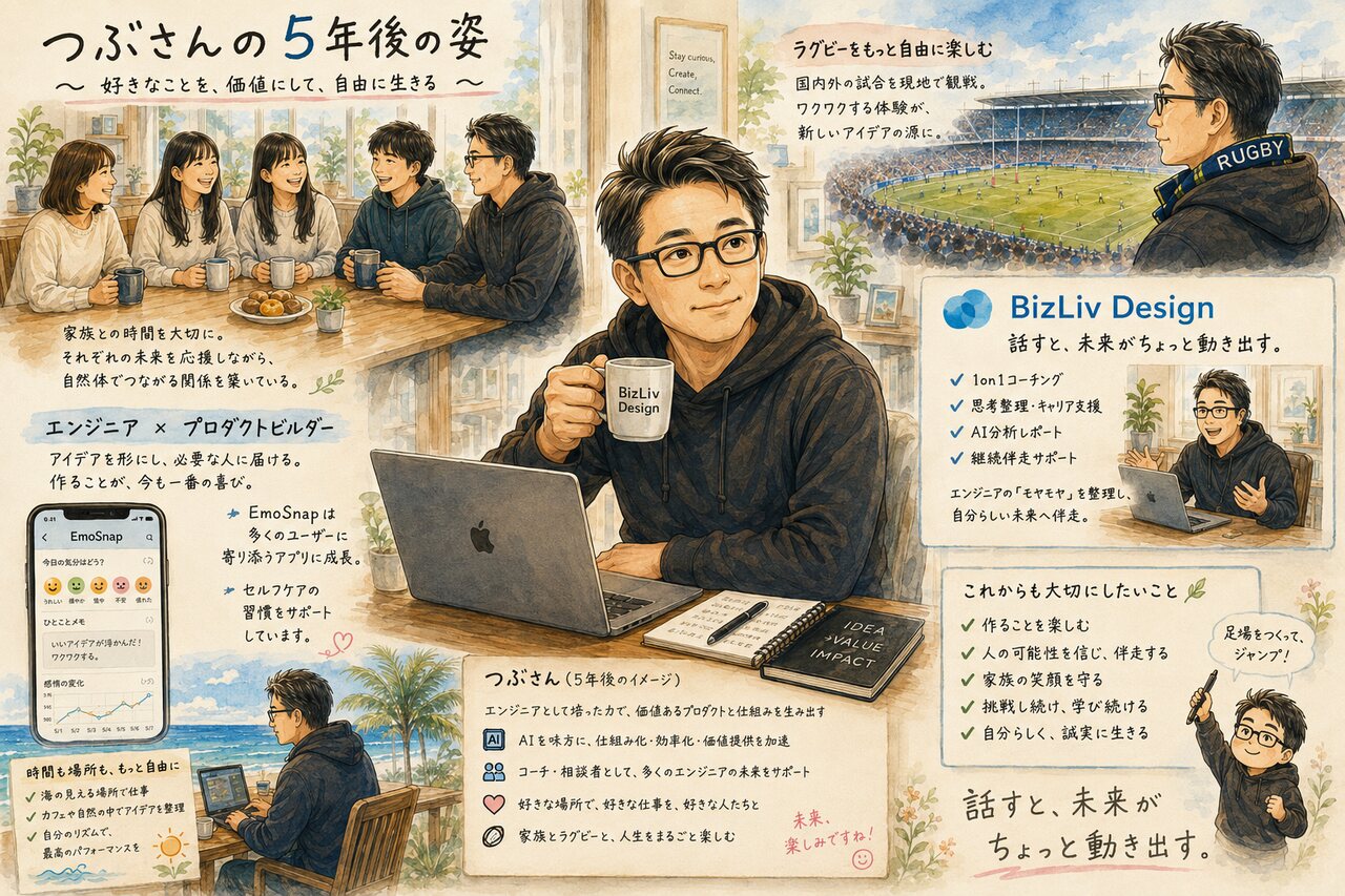 家族、ラグビー、開発、BizLiv Design、EmoSnapなど、つぶの5年後の姿を描いたイラスト
