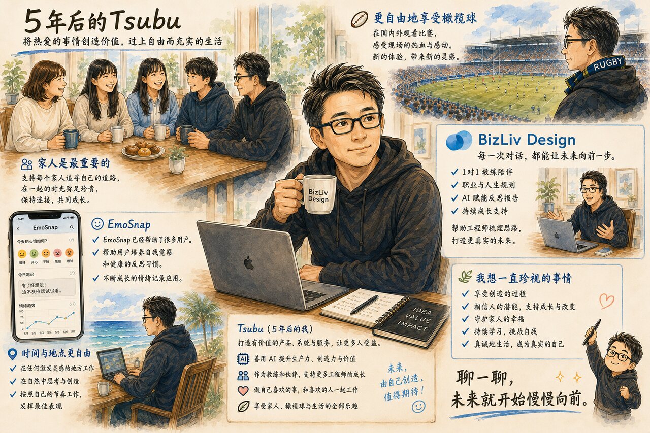 描绘 Tsubu 与家人、橄榄球、产品开发、BizLiv Design 和 EmoSnap 的未来图