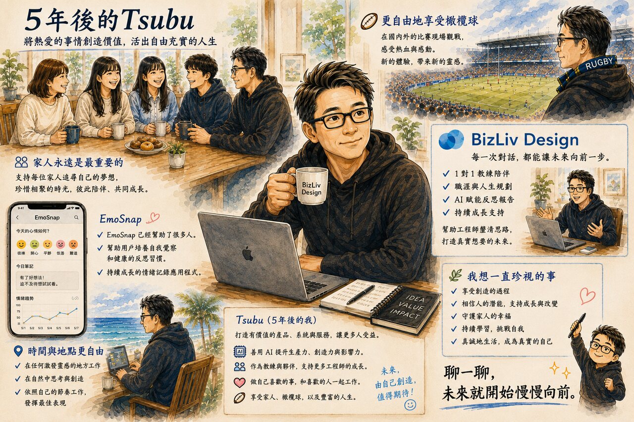 描繪 Tsubu 與家人、橄欖球、產品開發、BizLiv Design 和 EmoSnap 的未來圖