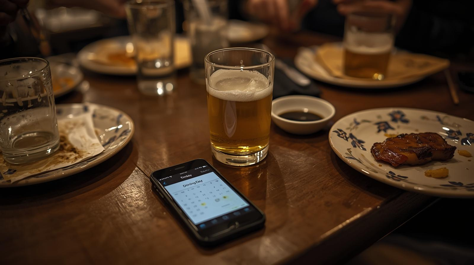 酒吧的啤酒和食物，使用智慧型手機上的NomiReco應用